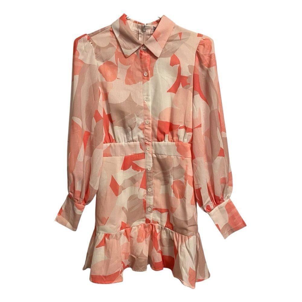 Style State Coral Pink Abstract Floral Ruffle Mini Shirtdress Balloon Sleeve 8